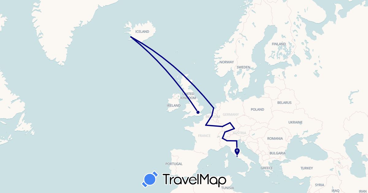 TravelMap itinerary: driving in Belgium, Switzerland, Germany, France, United Kingdom, Iceland, Italy, Netherlands (Europe)